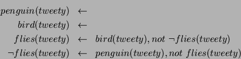 \begin{eqnarray*}
penguin(tweety) &\leftarrow&
\\
bird(tweety) &\leftarrow&
...
...g flies(tweety) &\leftarrow& penguin(tweety), not flies(tweety)
\end{eqnarray*}