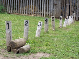 Foto: Reihe von nummerierten Hölzern auf Rasenstück