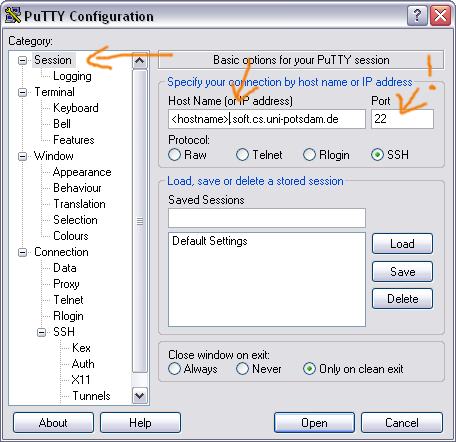 PuTTY Konfiguration 1 - Host Name (or IP address) = <hostname>.soft.cs.uni-potsdam.de - Port = 22